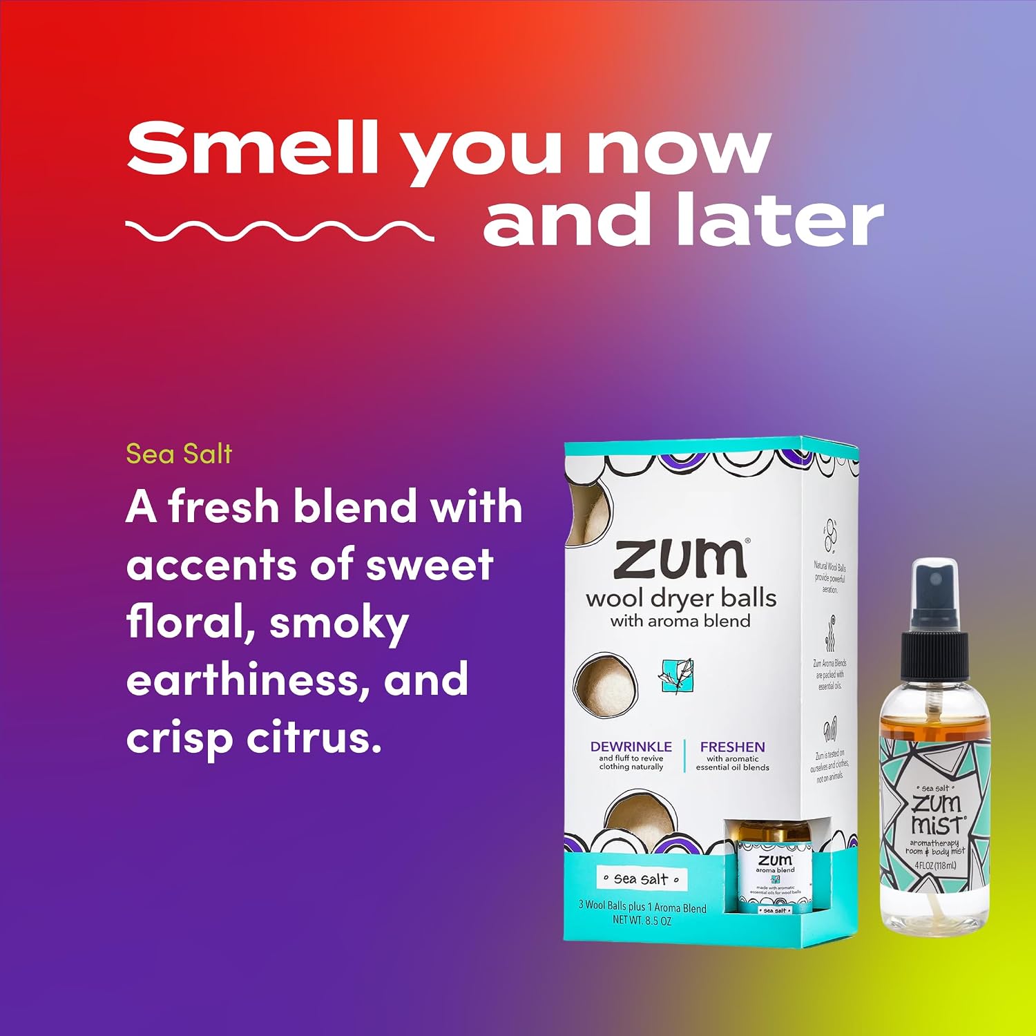 Zum Wool Dryer Balls Kit Plus Zum Mist - 3 Wool Balls with Essential Oil Blend & Room & Body Mist - Sea Salt