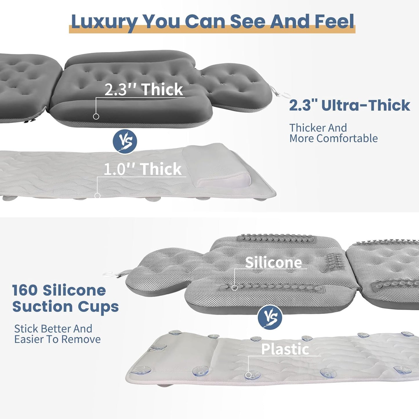 Bath Cushion, Full Body Bathtub Pillow with 160 Suction Cups, Bath Mat for Head and Neck Support, with Laundry Bag (Dark Gray, 51" x 16")
