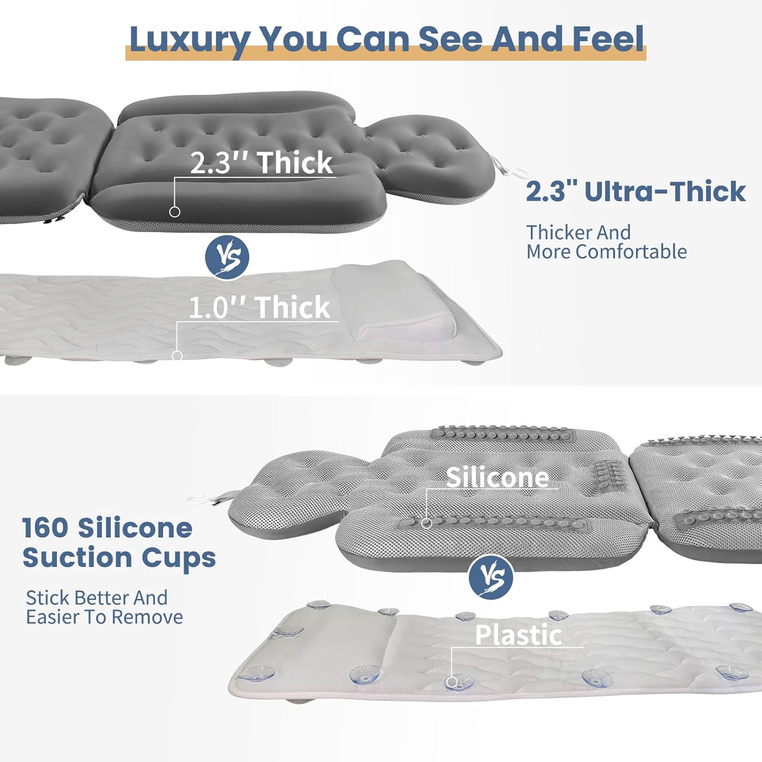 Bath Cushion, Full Body Bathtub Pillow with 160 Suction Cups, Bath Mat for Head and Neck Support, with Laundry Bag (Dark Gray, 51" x 16")