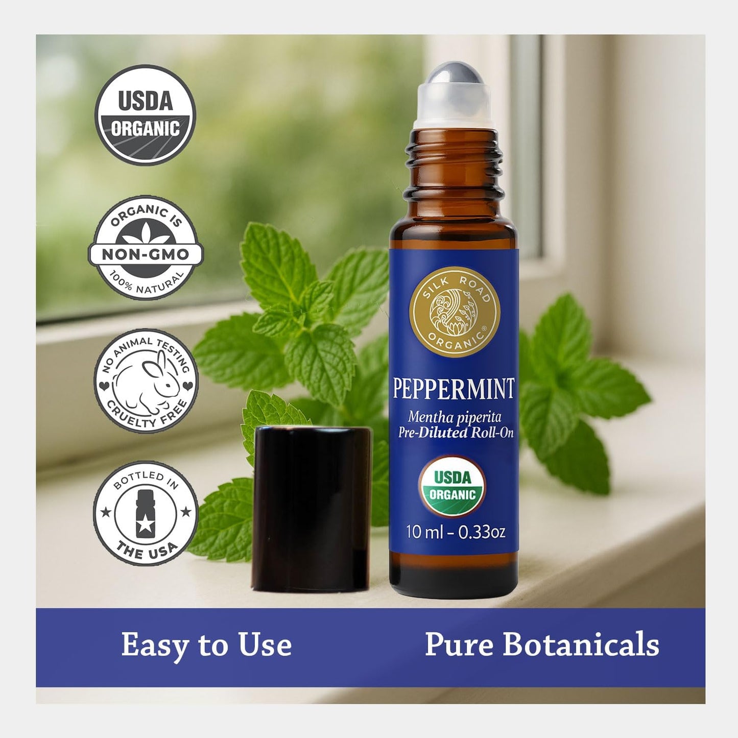 Silk Road Organic Peppermint Essential Oil Roll on for Head Tension, Nausea, Morning Sickness, Energy & Focus – 10ml USDA Certified Aromatherapy Roller - Always Pure, Always Organic