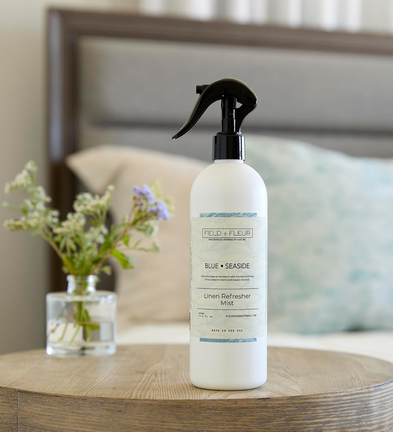 Field + Fleur - Linen Refresher Mist - Aromatic Spray for Fabrics - Refresh Bedding, Curtains & More - Notes of Citrus, Oceanic Breeze & Sugary Coconut -Made in the USA -Blue Seaside Scent -15.5 Fl Oz