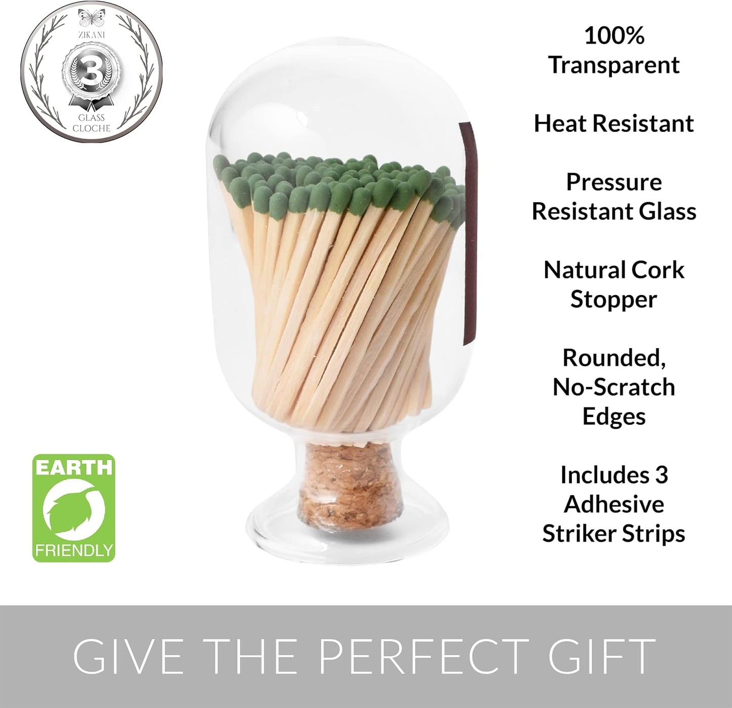 Glass Match Holder with Striker – Includes Fancy Matches in Cloche Jar – Decorative Christmas Gift for Home or Fireplace - White, 125 ml