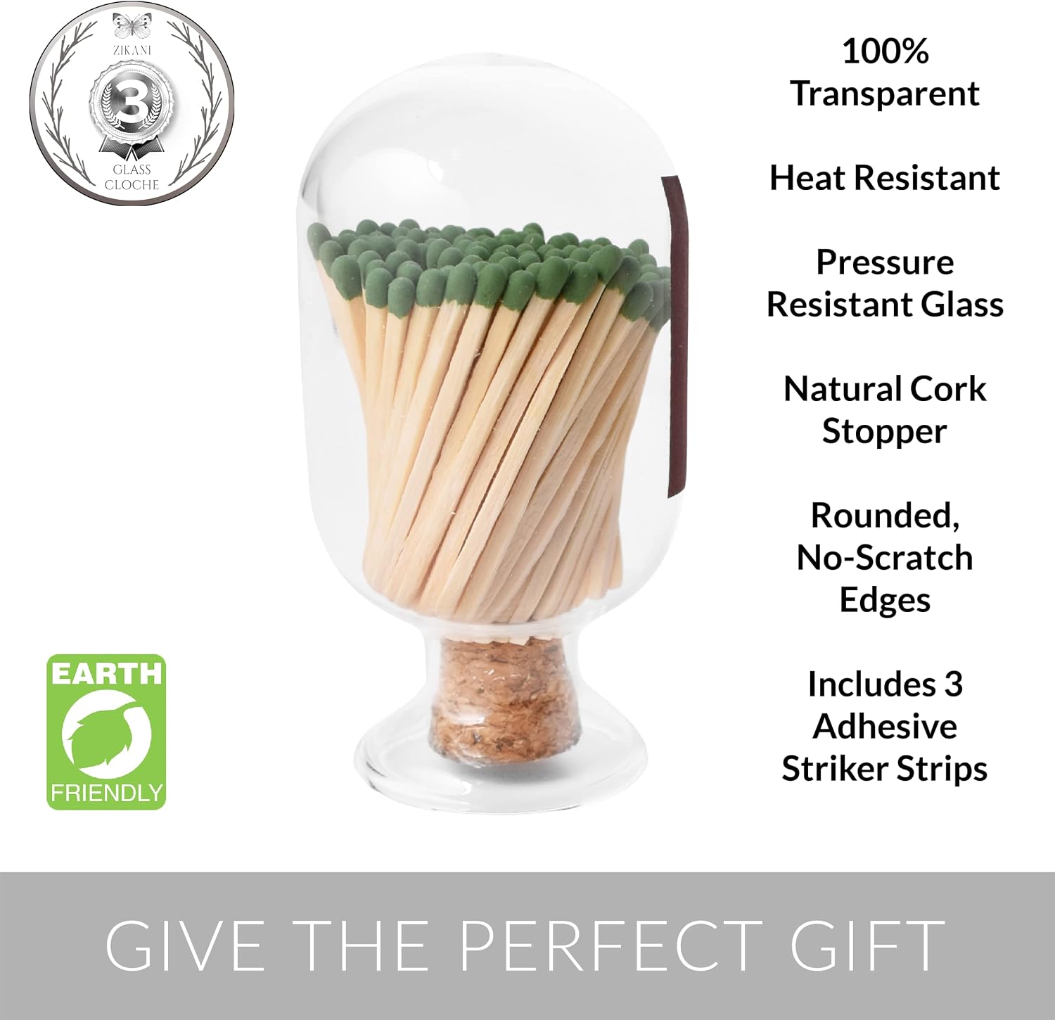 Glass Match Holder with Striker – Includes Fancy Matches in Cloche Jar – Decorative Christmas Gift for Home or Fireplace - White, 125 ml