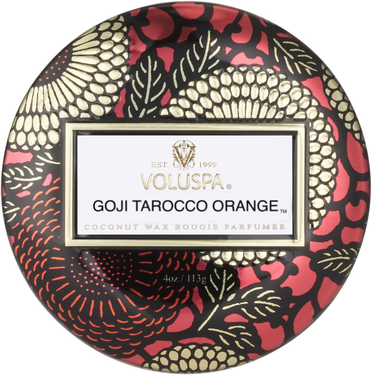 Voluspa Goji Tarocco Orange, Mini Tin Candle, 4 oz, 25 Hour Burn Time, Coconut Wax for Clean Burning, Handcrafted in the USA