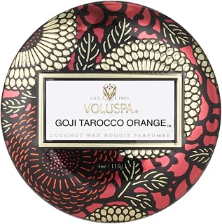 Voluspa Goji Tarocco Orange, Mini Tin Candle, 4 oz, 25 Hour Burn Time, Coconut Wax for Clean Burning, Handcrafted in the USA