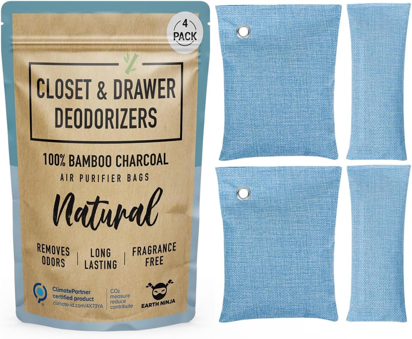 Closet & Dresser Odor Eliminator - Activated Charcoal Odor Absorber for Small Spaces, Air Fresheners for Home, Natural, Non-Toxic Air Freshener for Closet & Drawers - 4 Pack