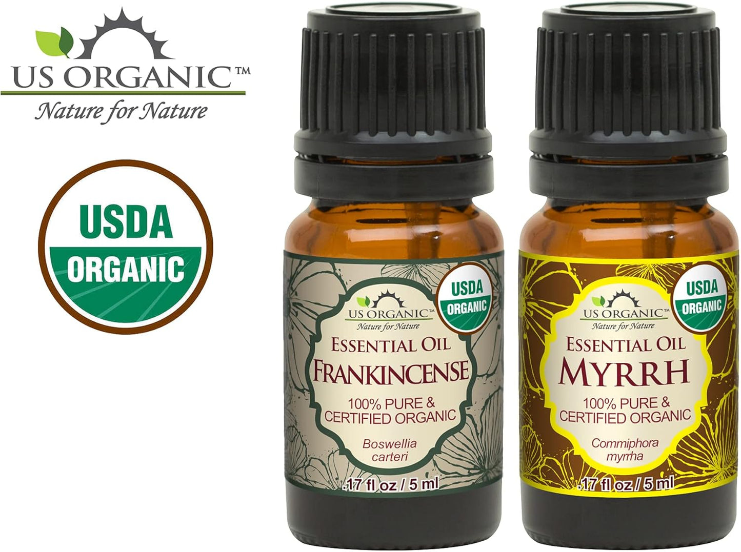 US Organic 100% Pure Myrrh, Frankincense Essential Oil Combo Pack - Directly sourced from The Horn of Africa - USDA Certified Organic - Use Topically or in Diffuser (5 ml Combo)