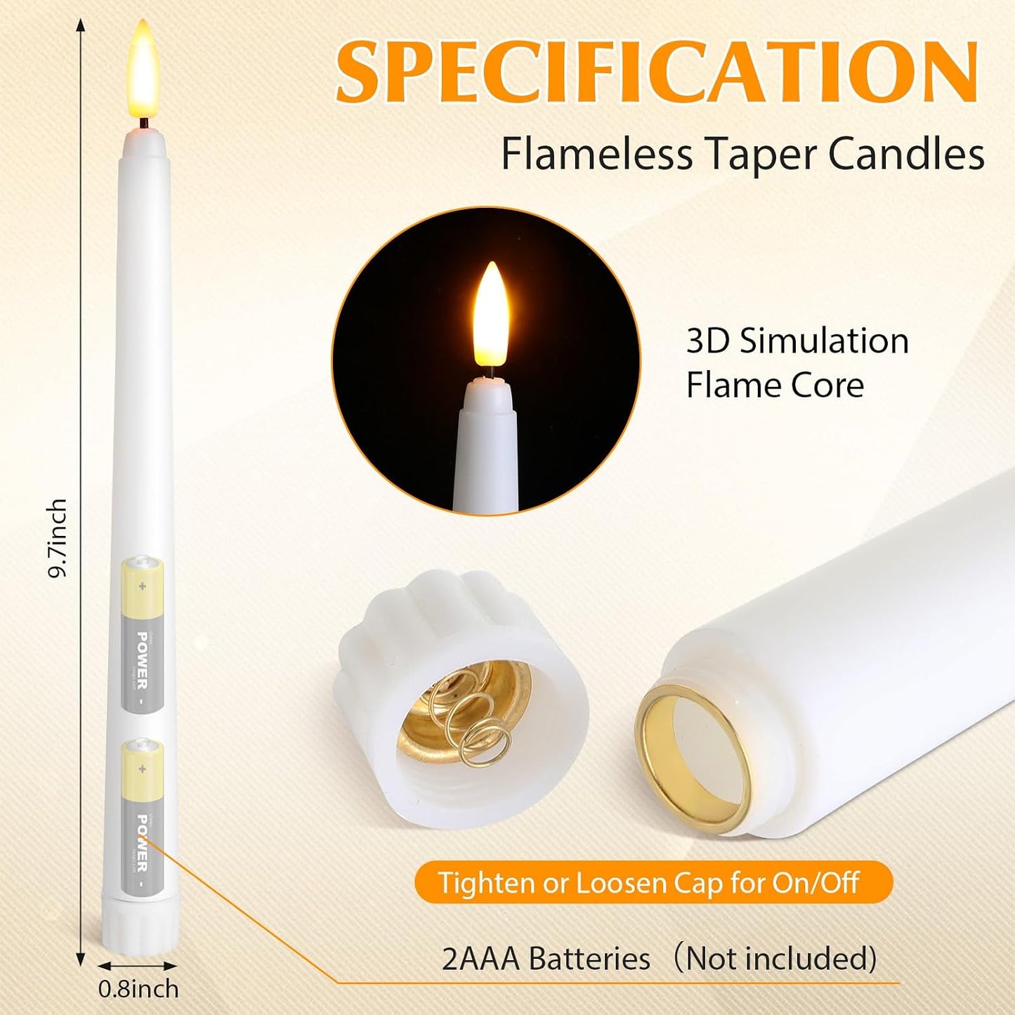 Baquler 100 Pcs 9.7 Inch Flameless Taper Candles Battery Operated Taper Candles Bulk LED Flickering White Candlesticks for Wedding Church Table Centerpiece Halloween Christmas Party Decor