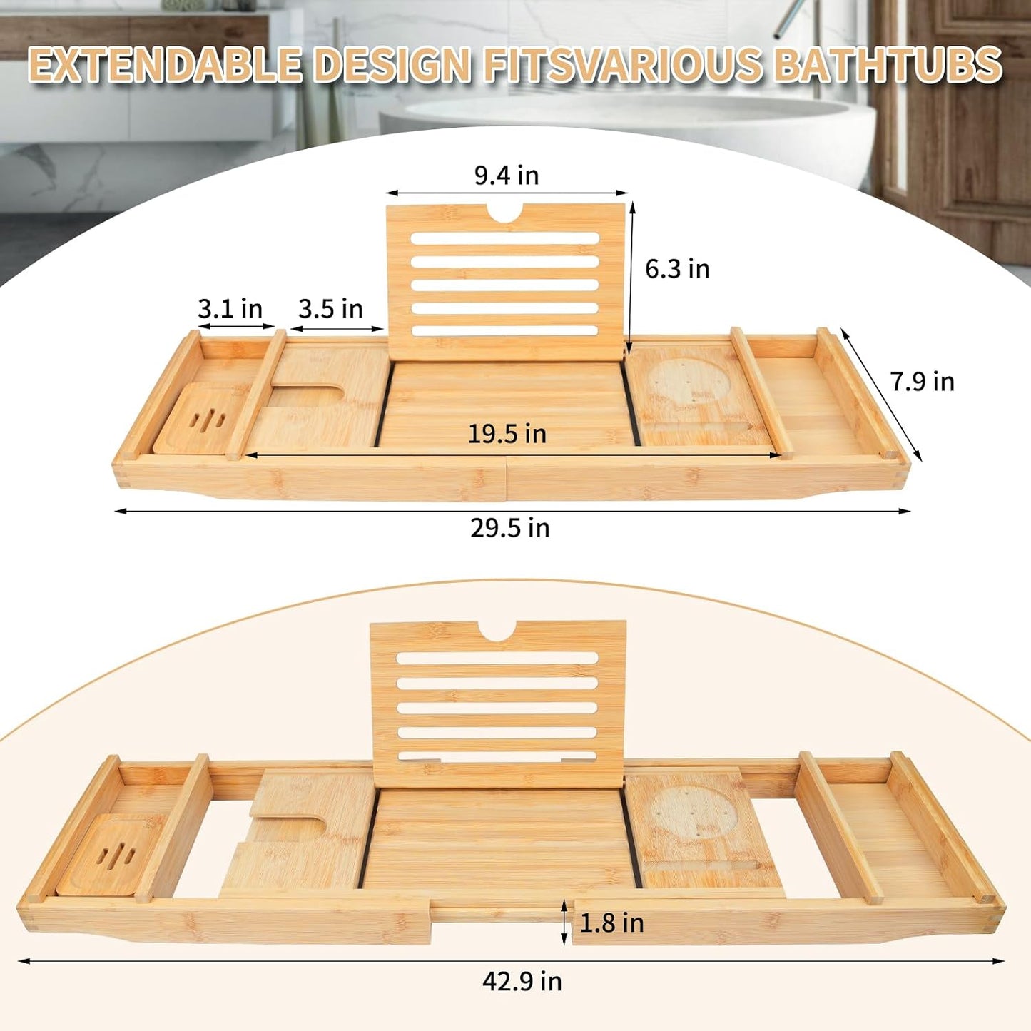 Bathtub Tray Caddy,Bamboo Bathroom Accessories,Expandable Bath Tray,Can be Placed Book and Integrated Tablet Smartphone and Wine Holder,Relaxing Gifts for Women(Natural)
