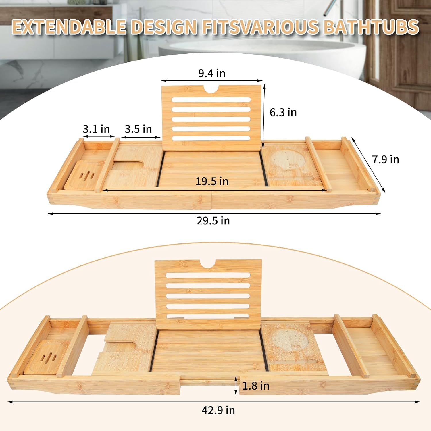 Bathtub Tray Caddy,Bamboo Bathroom Accessories,Expandable Bath Tray,Can be Placed Book and Integrated Tablet Smartphone and Wine Holder,Relaxing Gifts for Women(Natural)