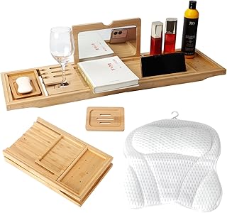 Bathtub Tray Table with Mirror and Bath Pillow, Expandable and Foldable Bamboo Bath Tray for Tub Soft and 4D Mesh Bathtub Pillow Luxury Bath Accessories Spa Gifts