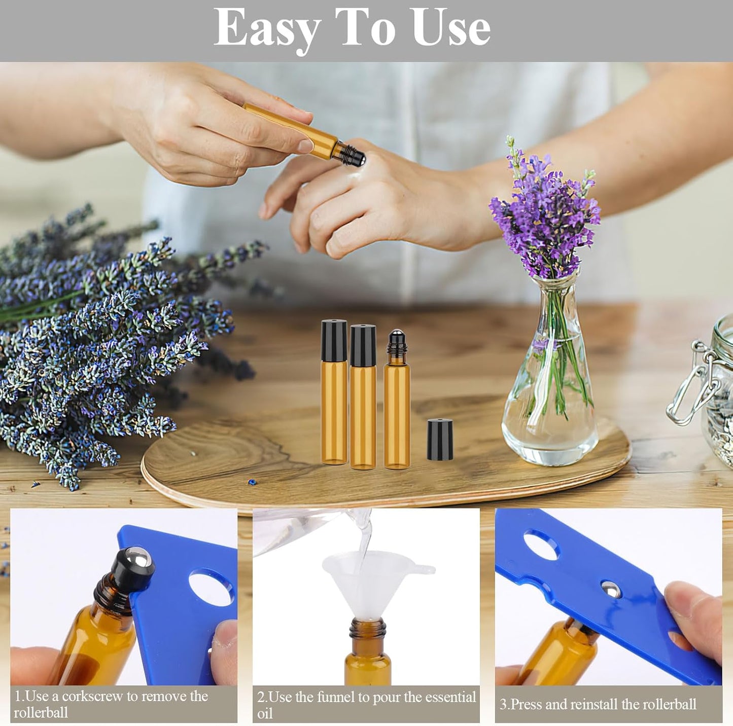 12 Pack Amber Roller Bottles for Essential Oils, 10ml Glass Roll On Bottles for Travel and Lip Gloss, Empty Perfume Roller Ball Applicator Bottle With Lid, Dropper, Funnel, Opener, Labels
