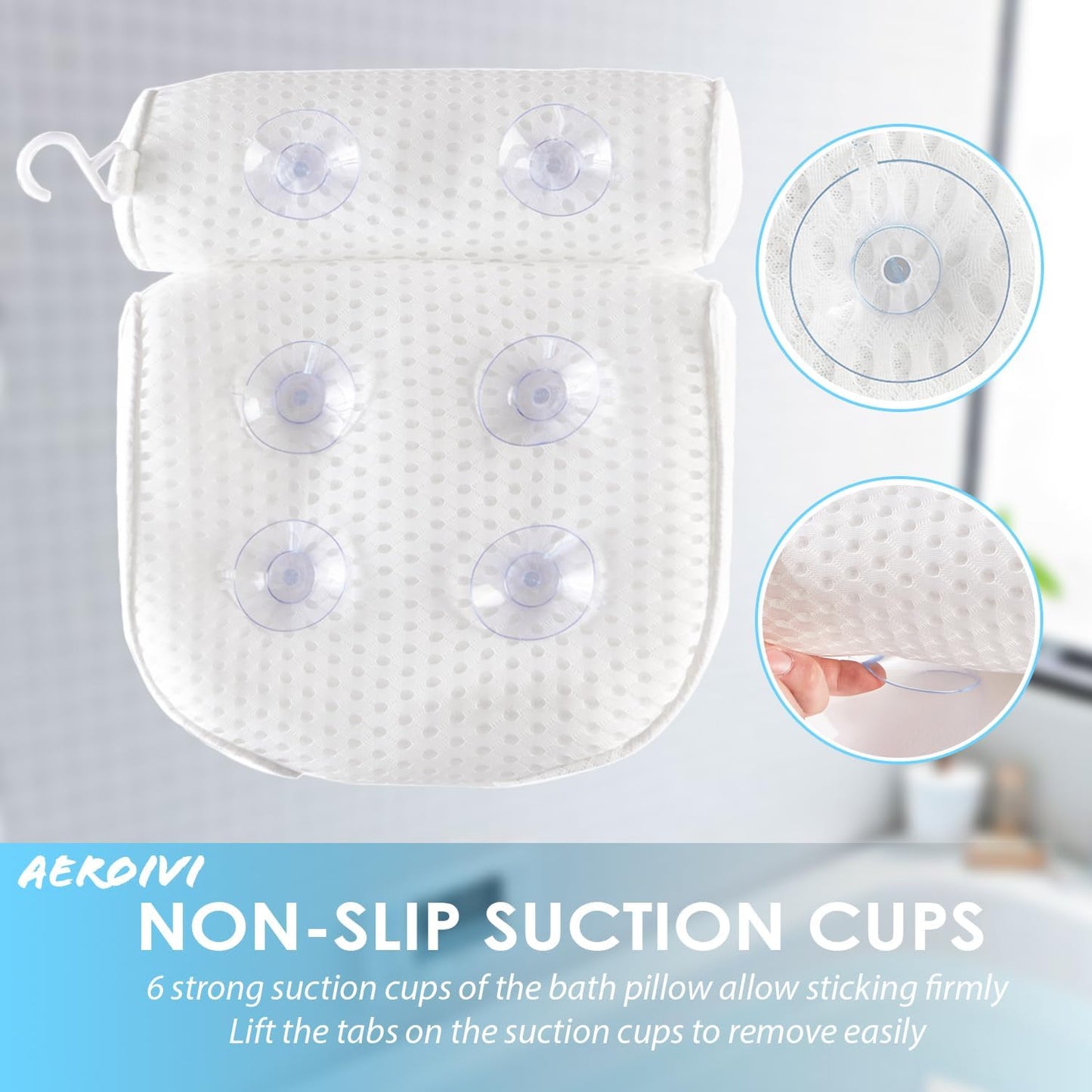 AEROiVi Luxury Bath Pillows for Tub，Bath Pillow with Laundry Bag Bathtub Pillows for Head and Neck Support Bath Cushion Made from Soft Spacer Mesh Material with Suction Cups