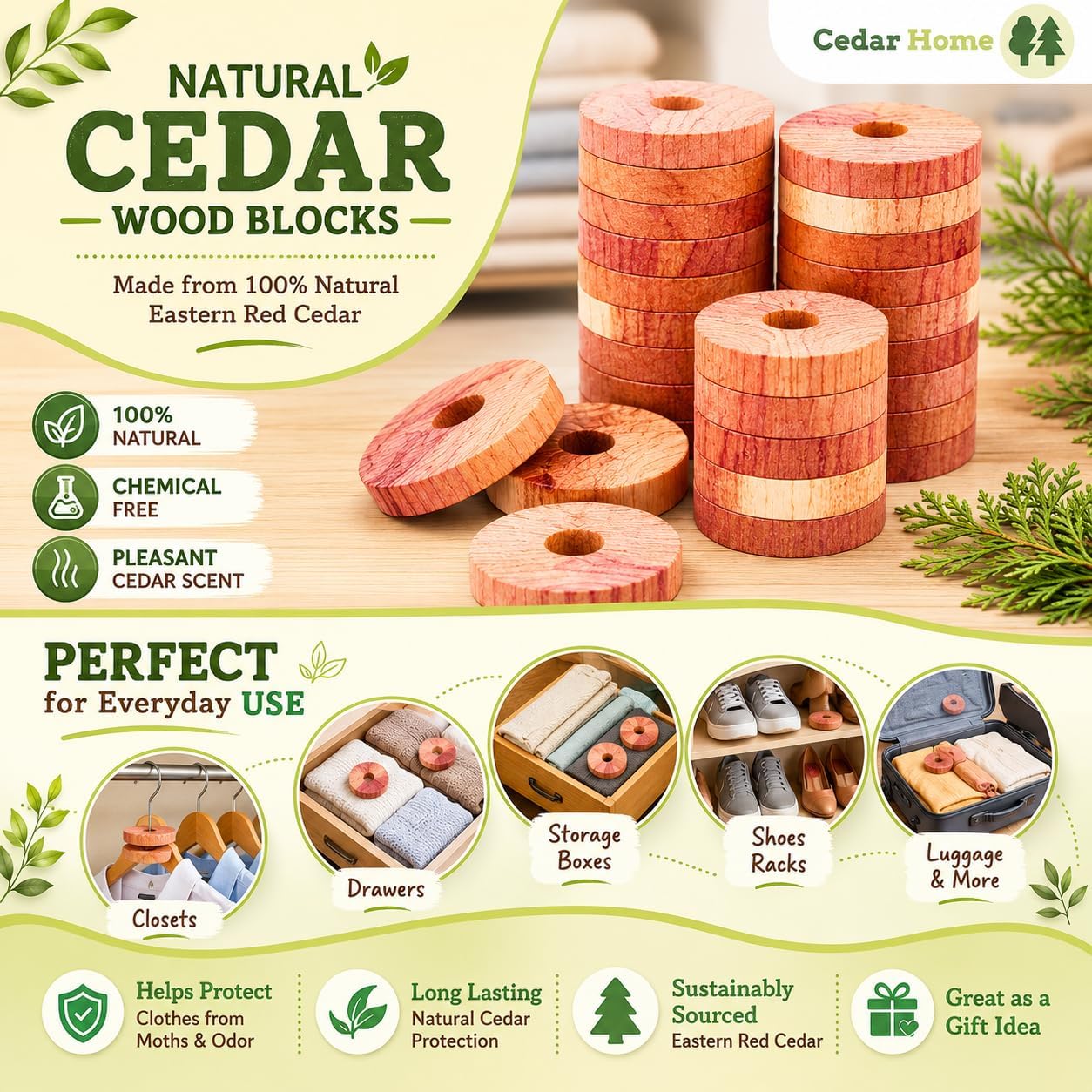 Cedar Blocks for Clothes Storage | Cedar Balls & Rings | Dresser Drawer Freshener Odor Eliminator | 40 Pieces, 30 Rings & Bonus 10 Balls, U.S.A Seller