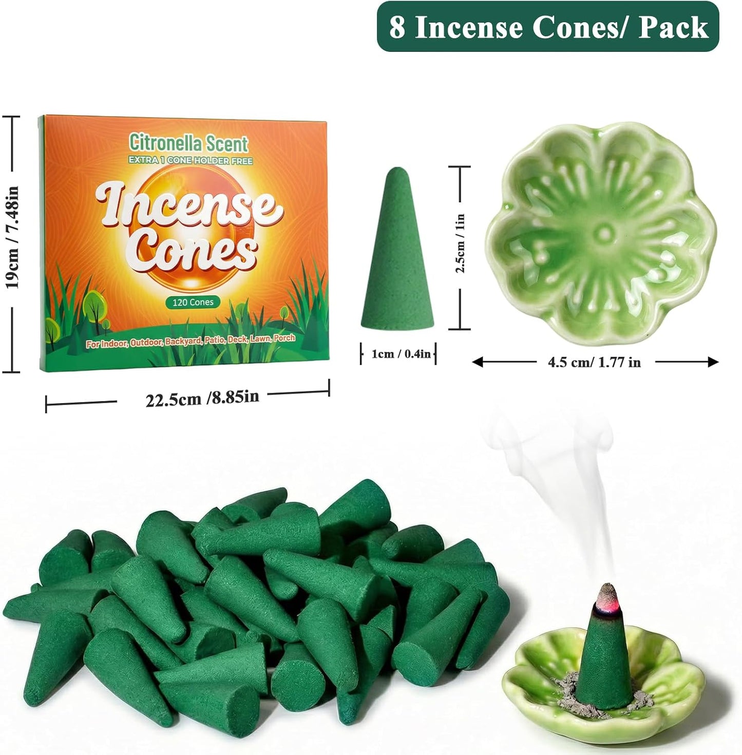 SCENTORINI Citronella Incense Cones, 120 Pcs Lemongrass Scented Incense Cones with 1 Holder, Citronella Incense Gift Set for Summer Home Outdoor Camping, Pool Side, Patio, Porches, Farms, Courtyards