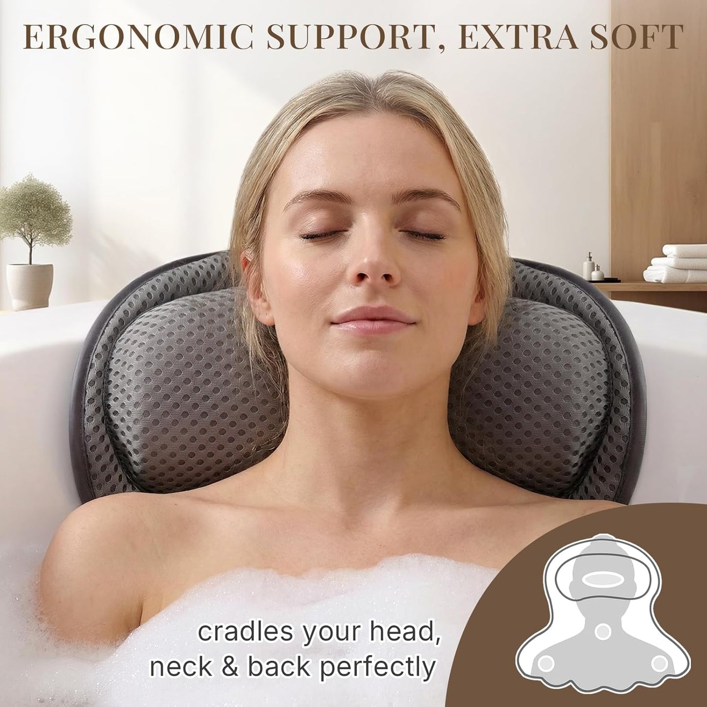 Bath Pillow, Luxury Bath Pillows for Tub, Relaxing Bathtub Pillows for Head and Neck Support, with 4D Air Mesh Fabric and Powerful Suction Cups, Great Bath Tub Accessories, Gray
