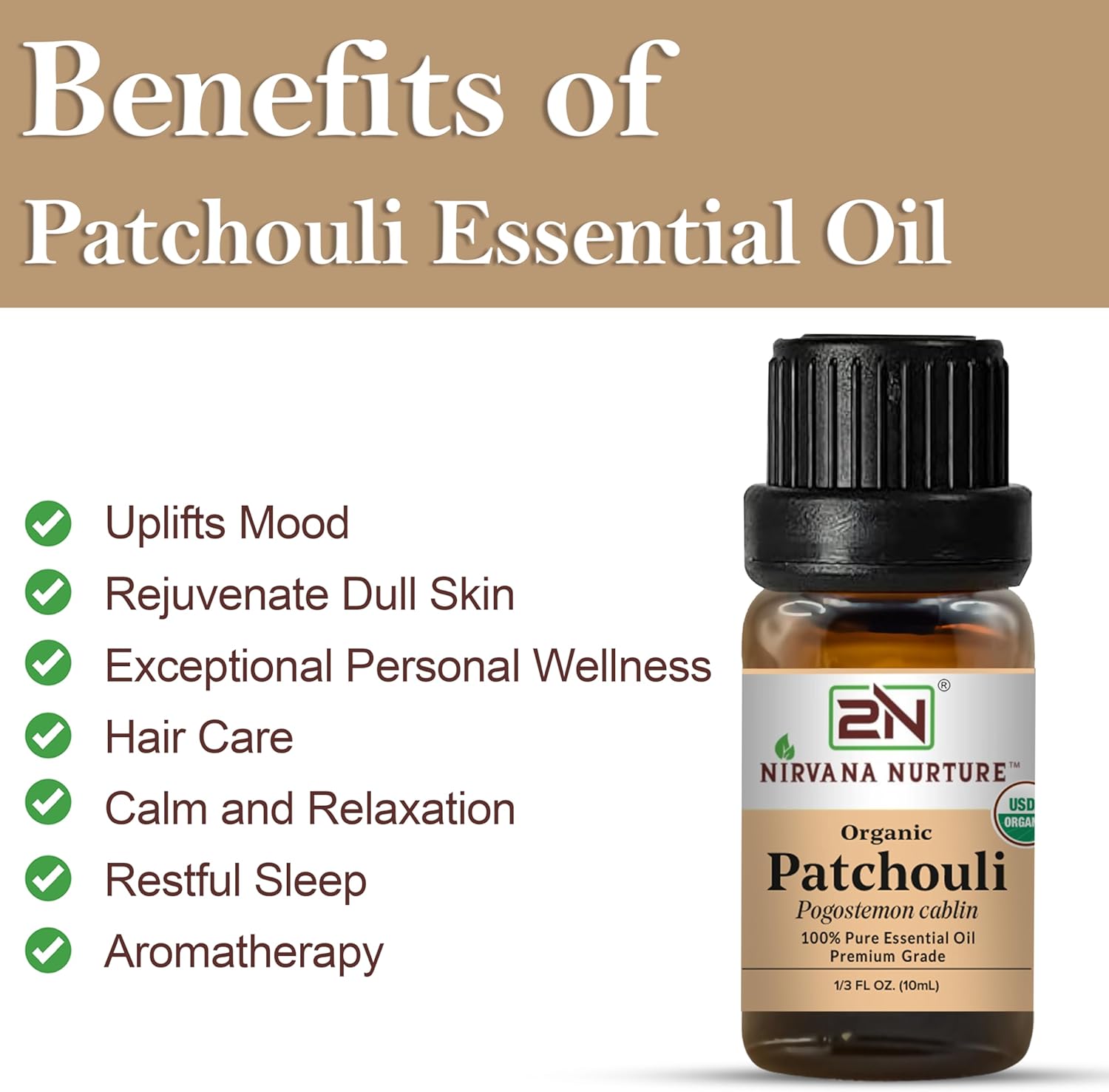 Patchouli Essential Oil, USDA Certified Organic, 100% Pure Undiluted, Aromatherapy Oil for Diffuser, Hair & Skin Care