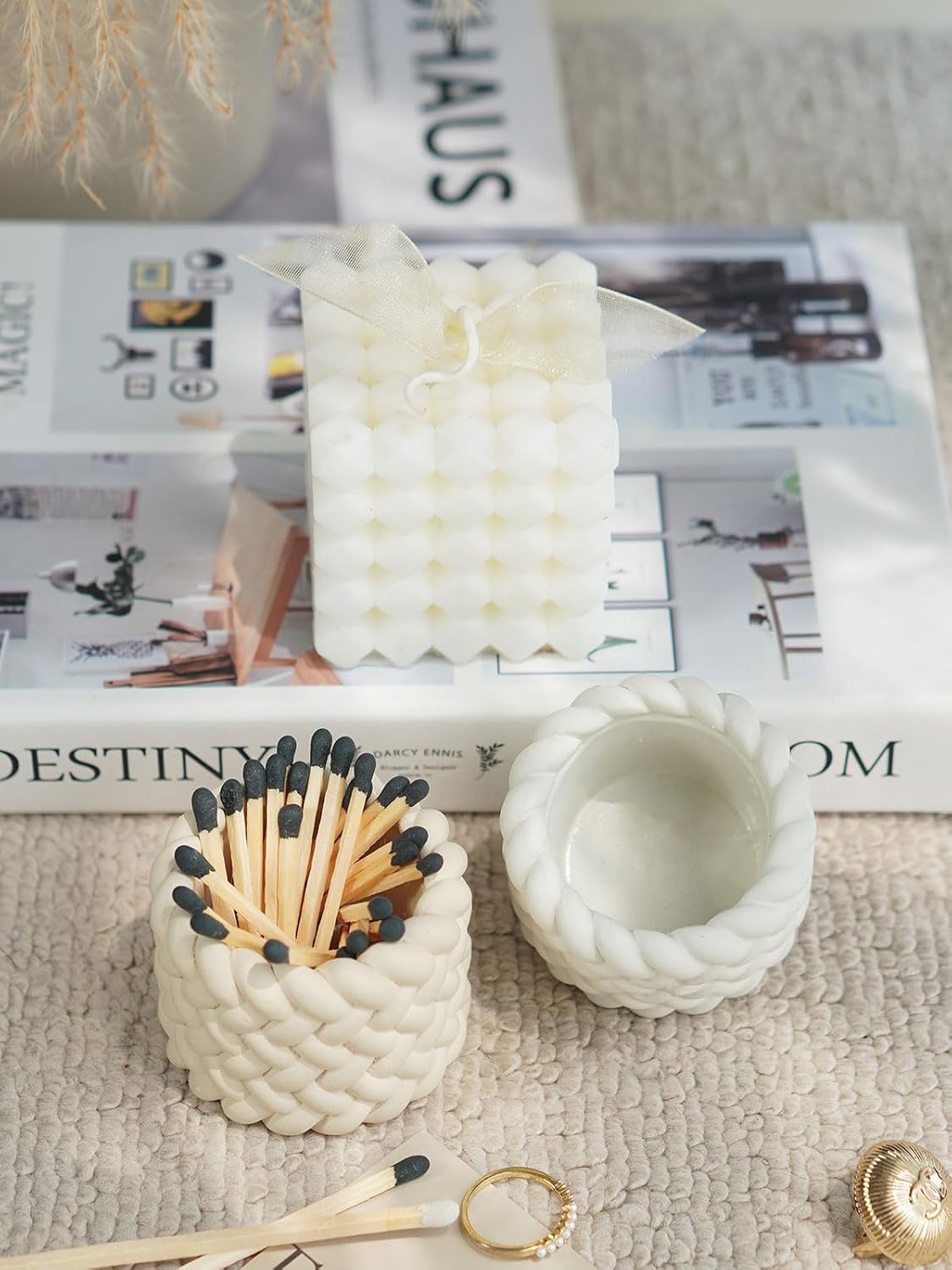 Concrete Match Holder with Striker Set of 2-Elegant Decorative Match in Jar-for Cute/Fancy/Mini Candle Matches,Refresh Any Modern Home Decor with Premium Jar Set 2（No Matches）