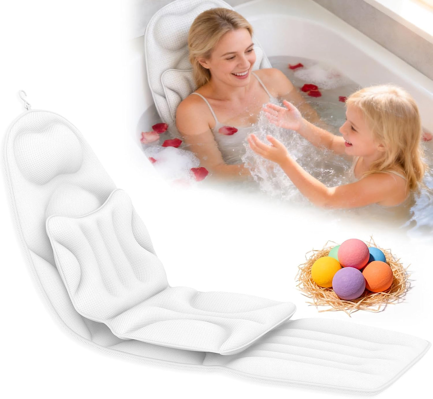 Deluxe Full Body Bath Pillow, Breathable Mesh Bathtub Cushion, Thickened Soft Relaxation Bathtub Pillow, Provides Support for The Neck, Back, and Shoulders— (Includes Bath Bombs)