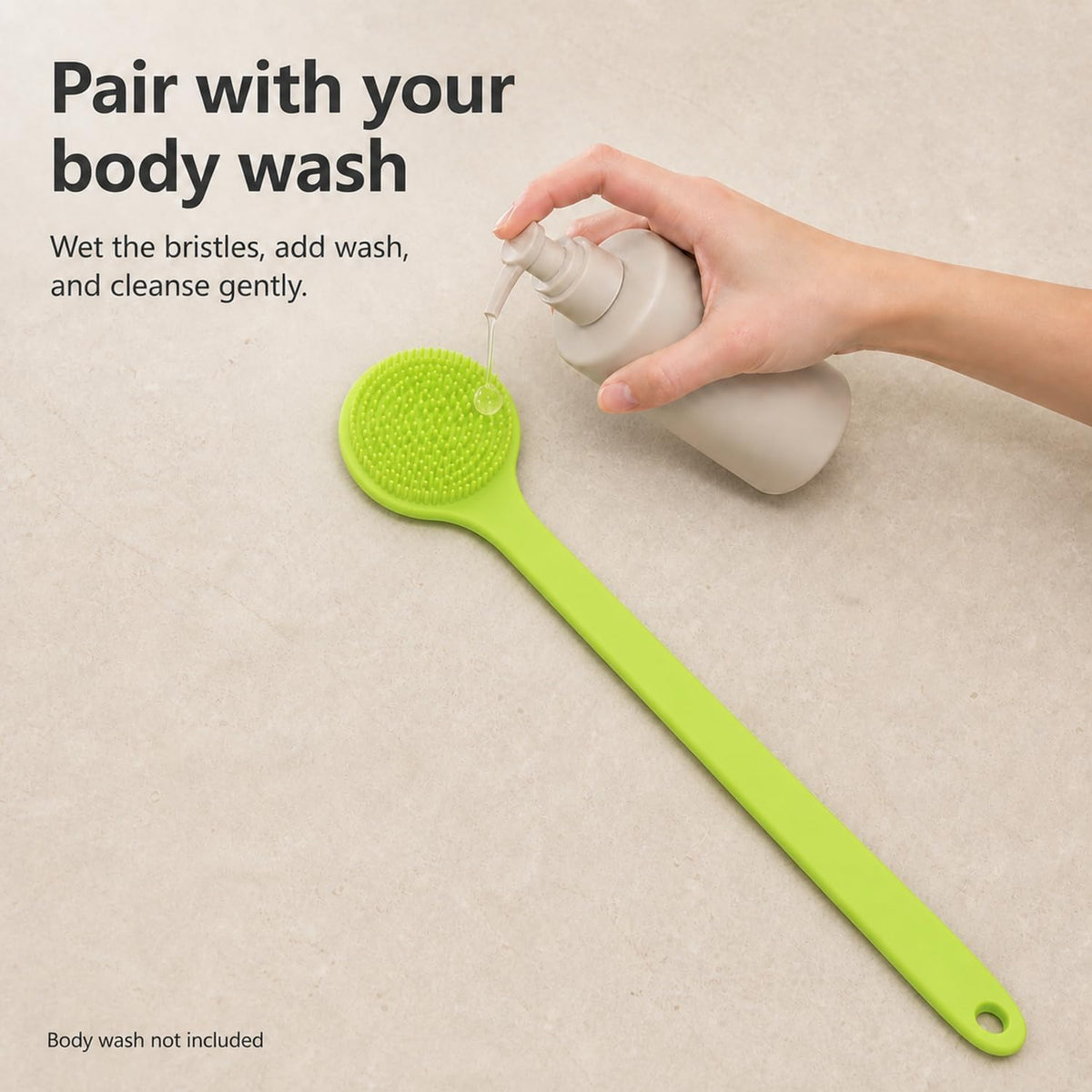 Silicone Back Scrubber for Shower, 15-Inch Long Handle Body Brush with Soft Bristles &amp; Massage Nodes, Dual-Sided Shower Scrubber for Back, Quick Dry