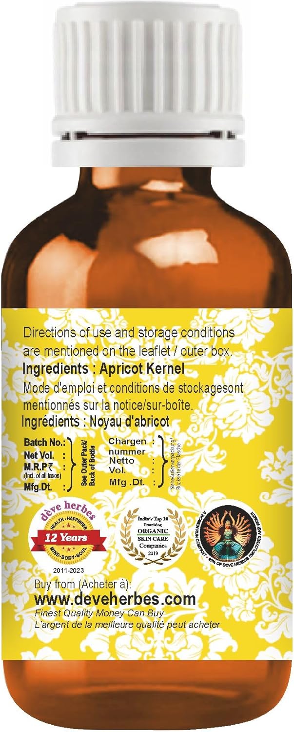 dève herbes Apricot Kernel Oil (Prunus armeniaca) | Cold Pressed | Pure | Natural | Undiluted | For Diluting Essential oils | For Skin & Massage | Non-Sticky | Lightweight | Men & Women | 30ml (1 oz)
