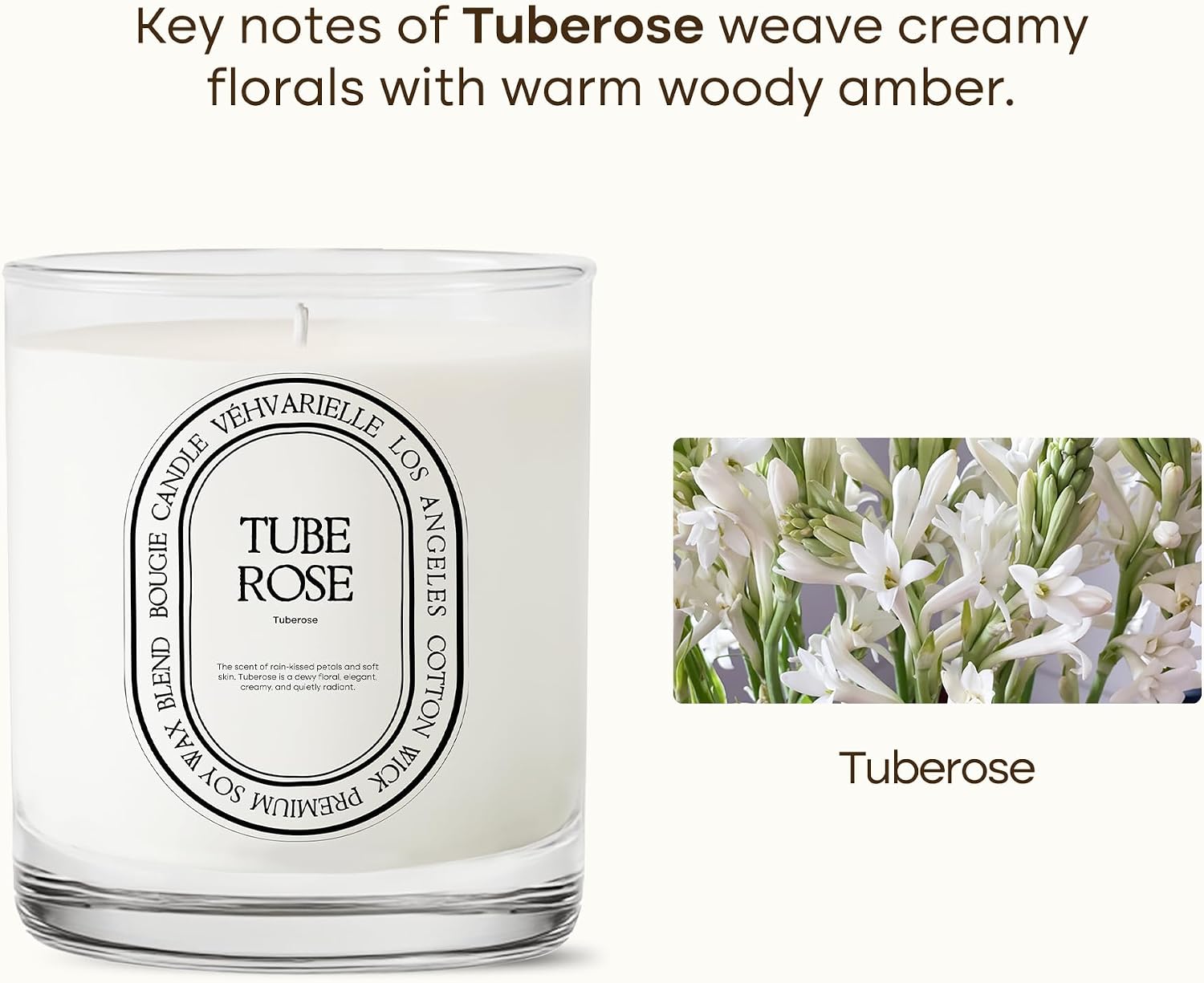 Tuberose Luxury Scented Candle for Home 8oz | Soft Floral Aroma for Daily Relaxation | Hand-Poured Soy Wax Blend | 40hr Clean Long Burn | Premium Home Fragrance for Women & Men