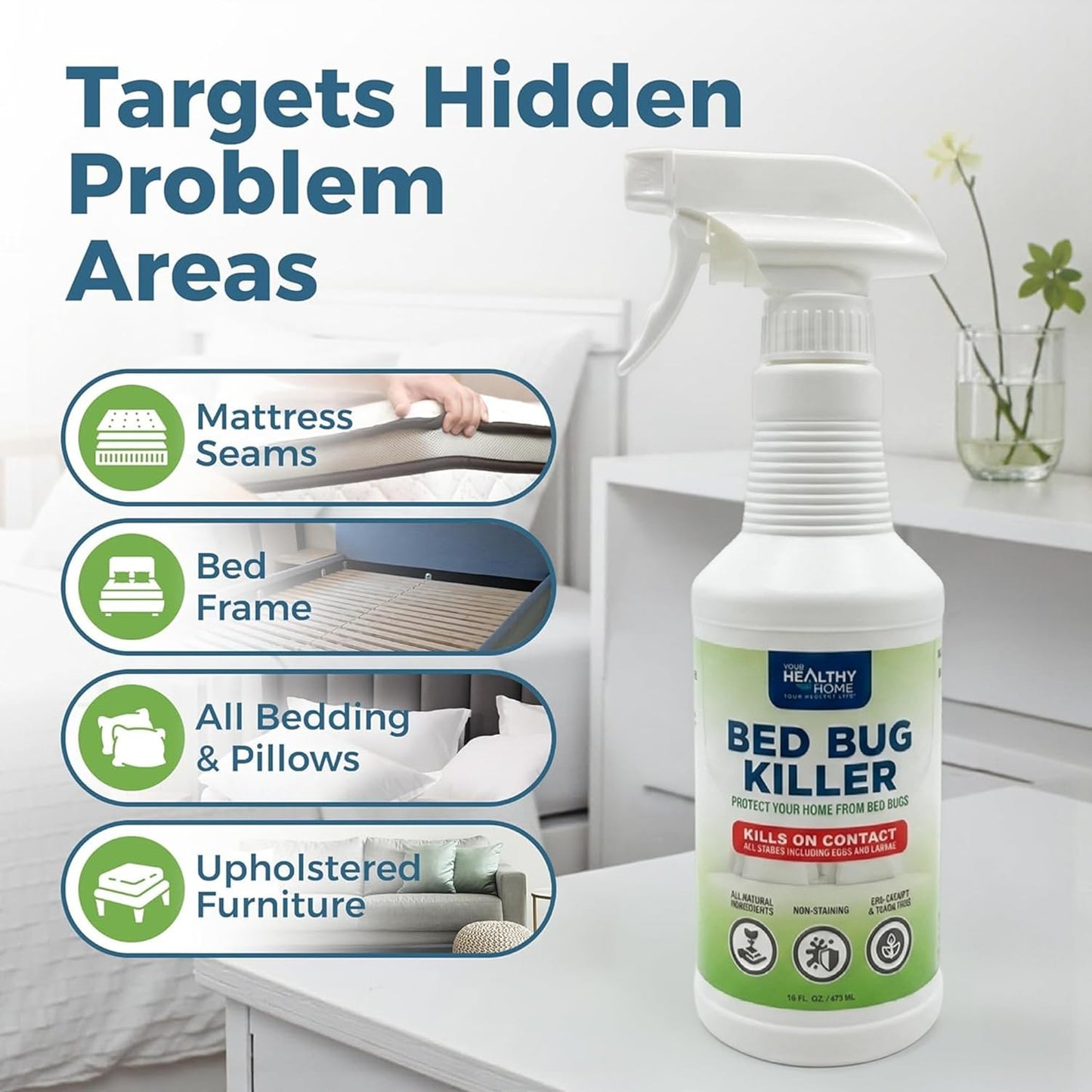 Your Healthy Home Bed Bug Killer Spray - Plant-Based Bug Spray for Home - Effective Insect Spray for Mattresses, Bedding, Furniture & More - Safe for Indoor and Outdoor Use - Unscented - 16 FL Oz
