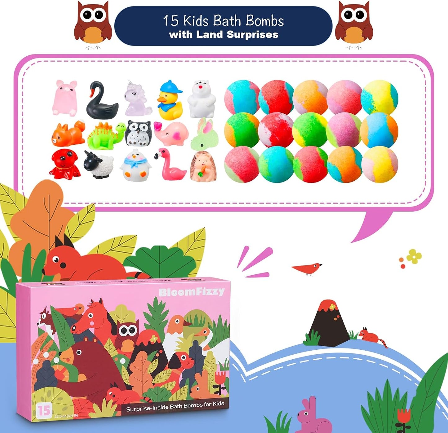 Jungle Adventure Bath Bombs for Kids – 15 Scented Fizzy Bath Bombs with Surprise Land Animal Toys Inside, Colorful Bath Time Fun Gift Set, Gentle & Child-Safe, Perfect for Summer Fun & Birthday Gifts