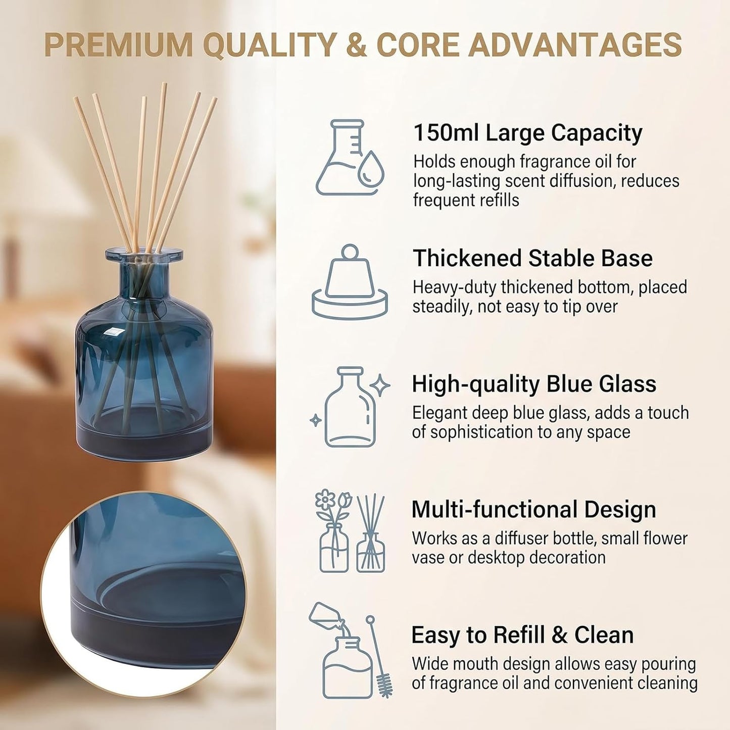 1PCS 150ml/5oz Empty Refillable Glass Diffuser Bottle Diffuser Jars Aromatherapy Storage Container Fragrance Accessories Use for DIY Replacement Reed Diffuser Sticks Crafts Decor (Blue)
