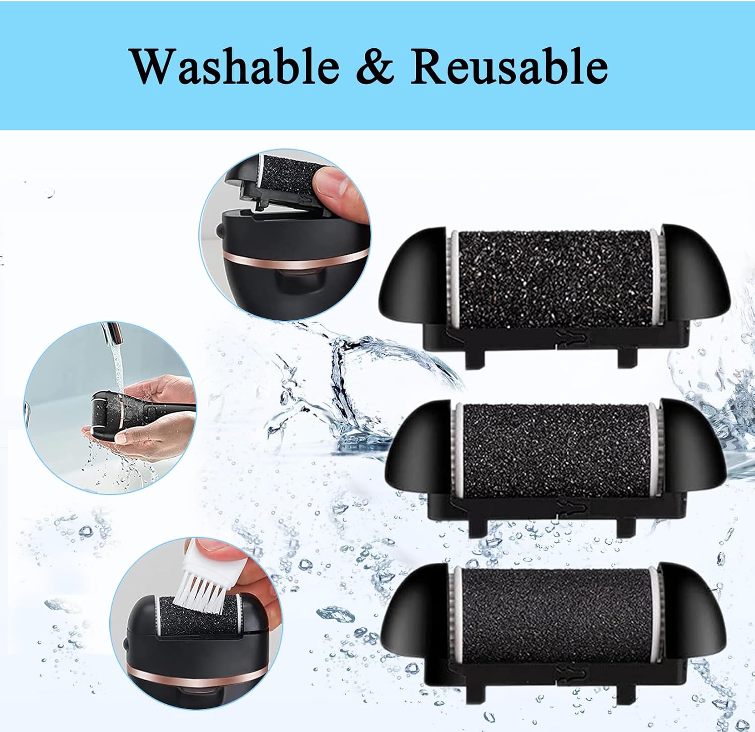 CIVYPRO Extra Coarse 3 Refill Rollers for Electric Feet Callus Remover V-601, Replacement Heads Foot Care Pedicure Tools Pack-1 Coarse, 1 Regular and 1 Gentle Rollers (Black)
