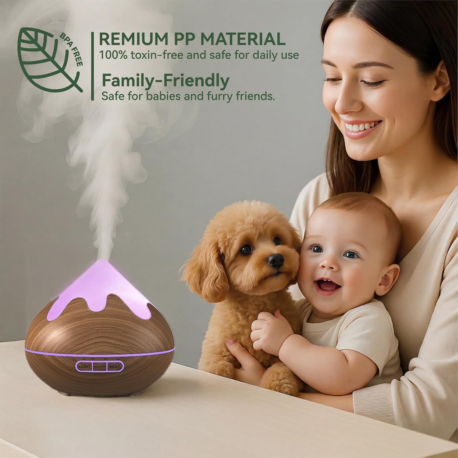 500ML Essential Oil Diffuser, Ultrasonic Aromatherapy Diffuser with Remote Control, Air Diffusers for Home Office Room, Fragrance Aroma Diffuser with 7 Color LED & 2 Mist Mode, Mocha Brown