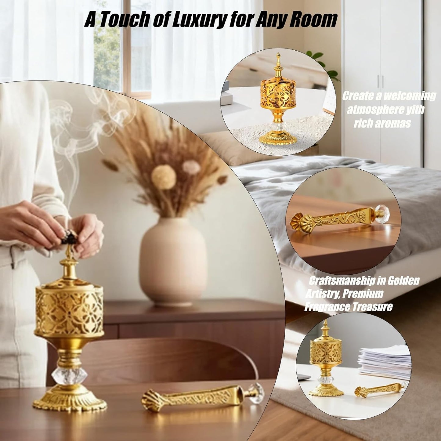 Gold Incense Burner with Tongs - Versatile Bakhoor Resin Thurible for Home, Yoga, Church & Spiritual Use