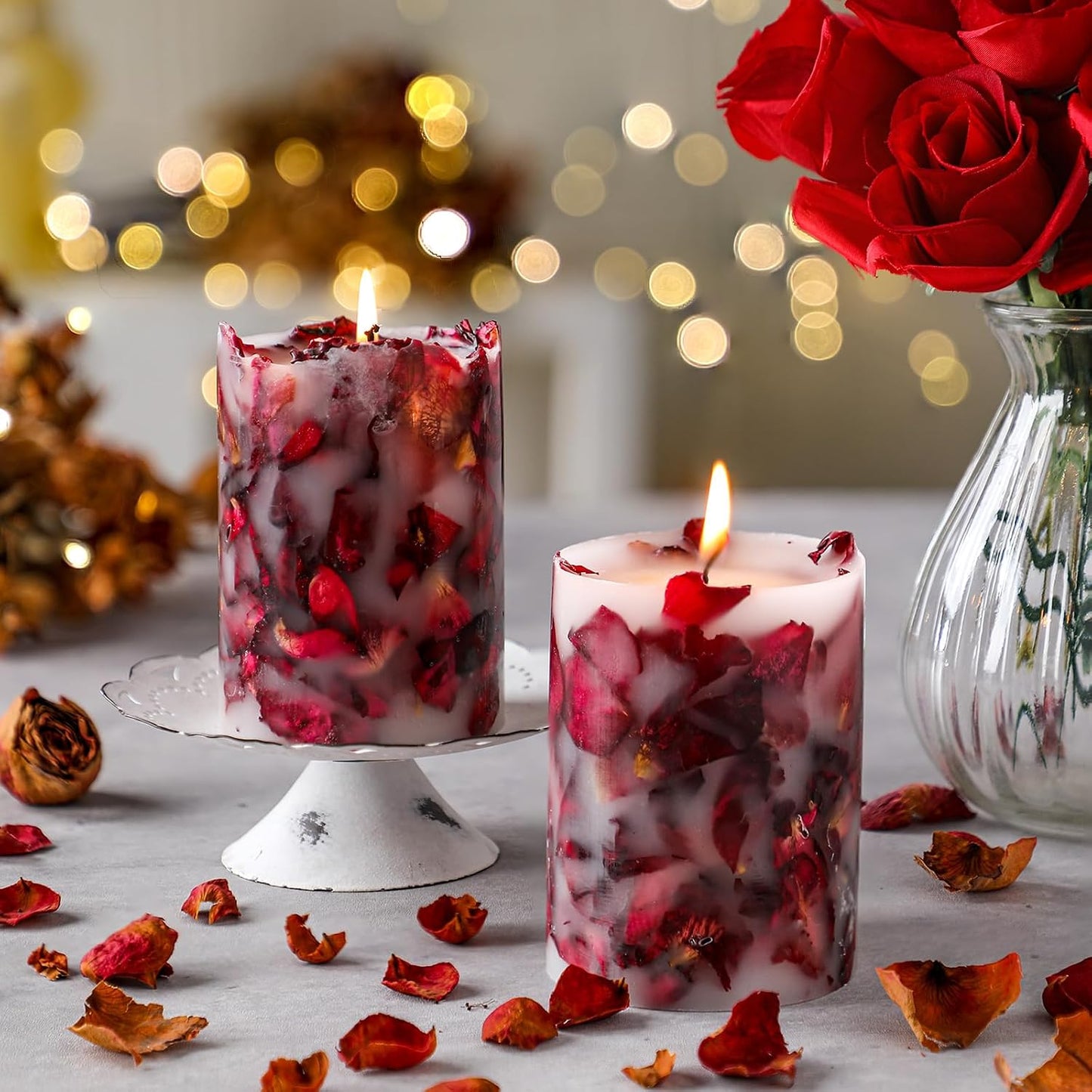 Nuanchu 2 Pcs Rose Petal Scented Pillar Candles - Dried Flower Infused Soy Wax Candles, Burning Candle for Home Decor, Wedding, Romantic Night, Birthday, Anniversary, Gifts for Women