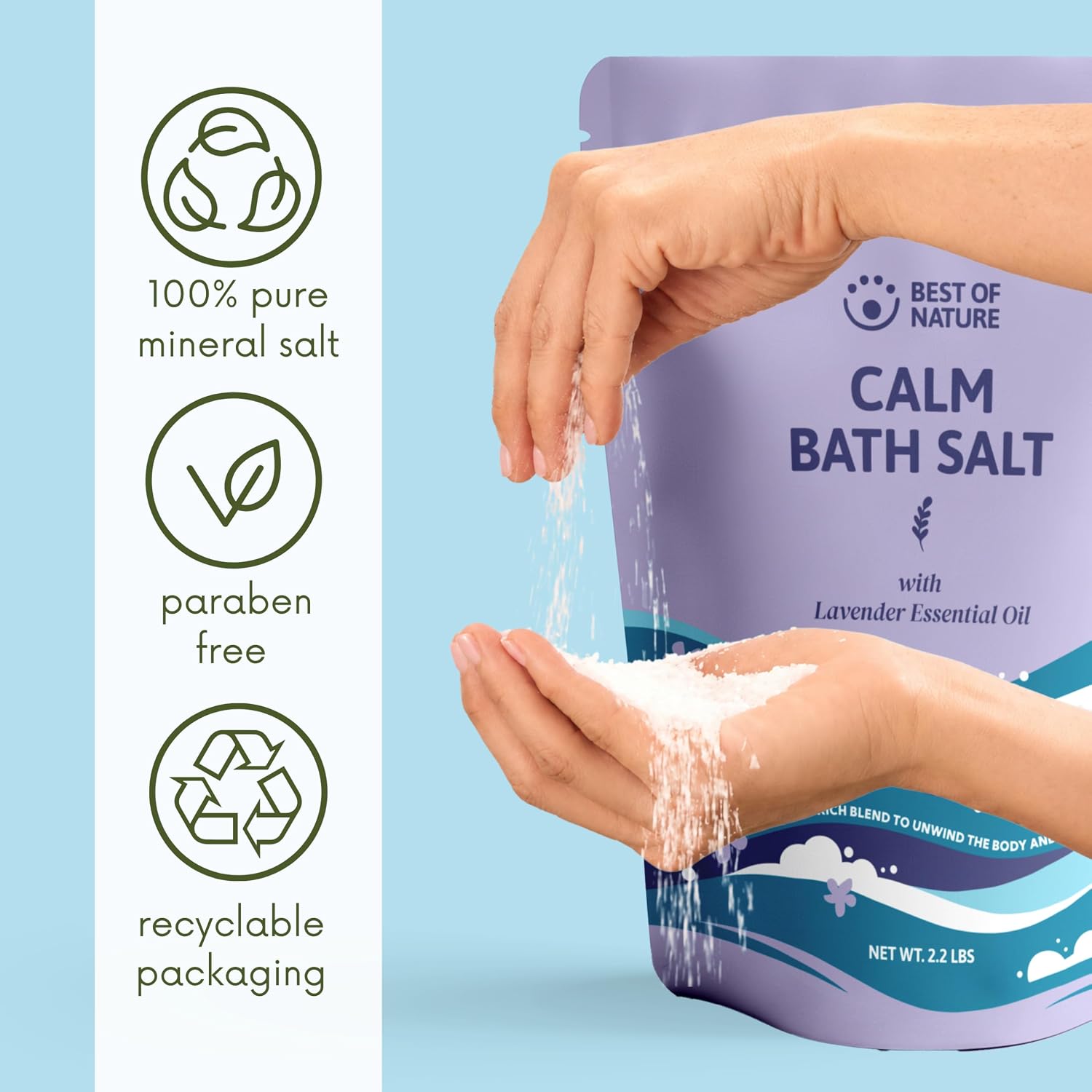 Best of Nature Calm Epsom Salt Bath Soak with Lavender Essential Oil, Mineral-Rich Bath Salts, Resealable Bag, 2.2 lb