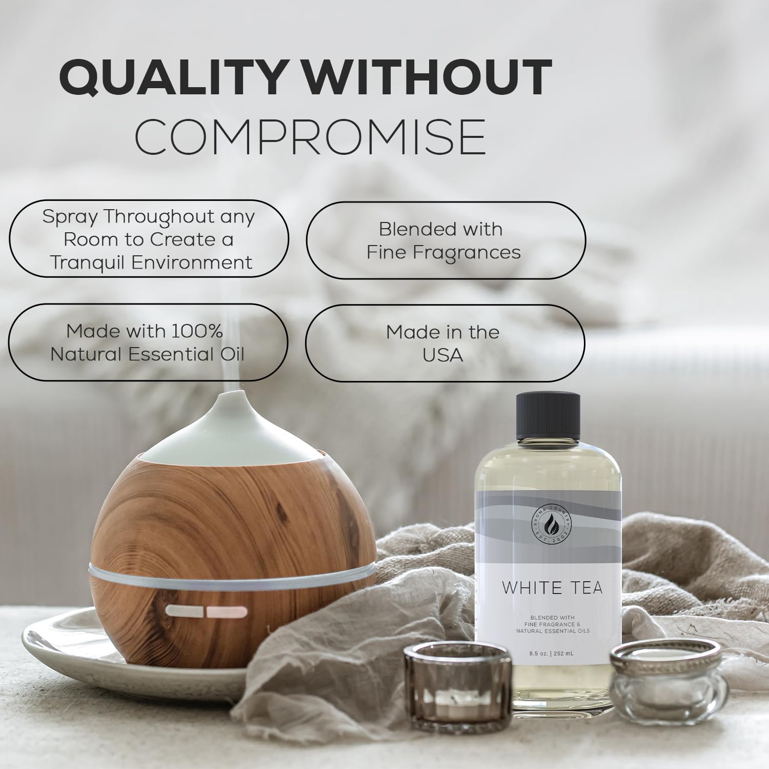 Aroma Country White Tea Diffuser Oil - Luxury Essential Oils for Diffuser Refill & Air Freshener Room Spray, Long-Lasting, Natural Fragrance and Hotel Scent for Diffusers & Machines (8.5 Fl Oz)