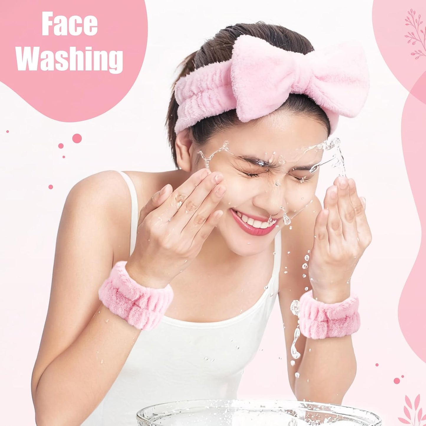 SPA Headbands and Wristband Set for Face Washing with Clear Bag Cute Skincare Makeup Headband Wrist Bands Hair Clips for Women Teenage Girls Gifts Trendy Stuff Pink