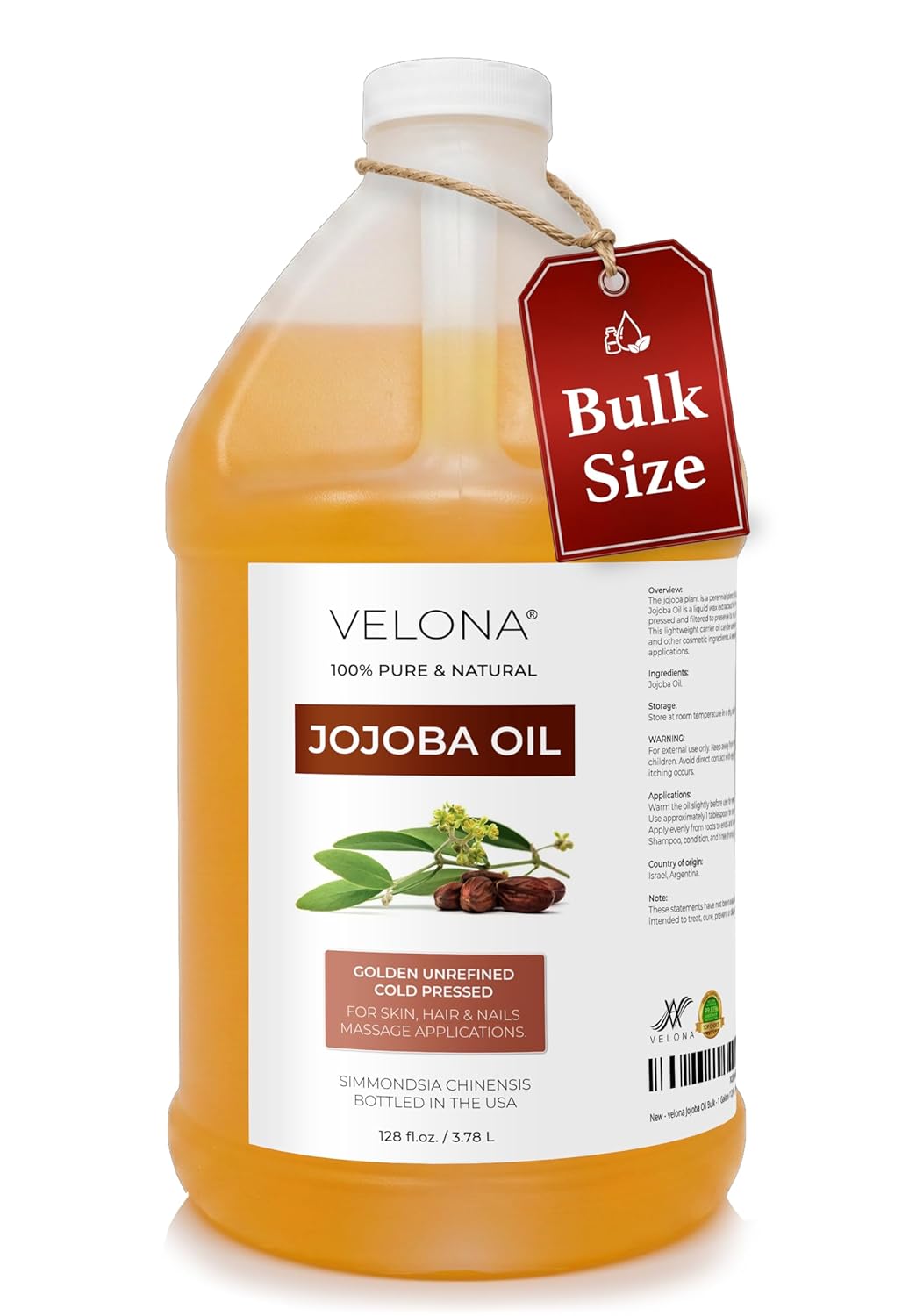 velona Jojoba Oil Bulk - 1 Gallon / 128 Fl Oz - Pure Cold Pressed Golden for Hair, Skin, Face & Body – Unrefined & Hexane Free