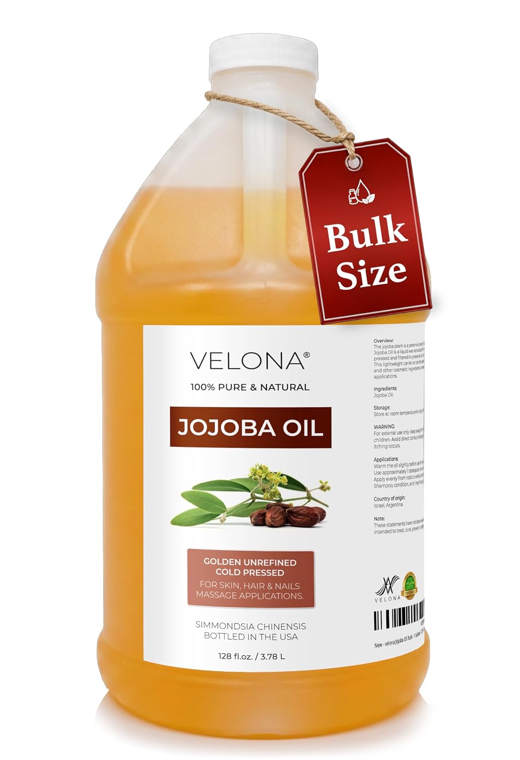velona Jojoba Oil Bulk - 1 Gallon / 128 Fl Oz - Pure Cold Pressed Golden for Hair