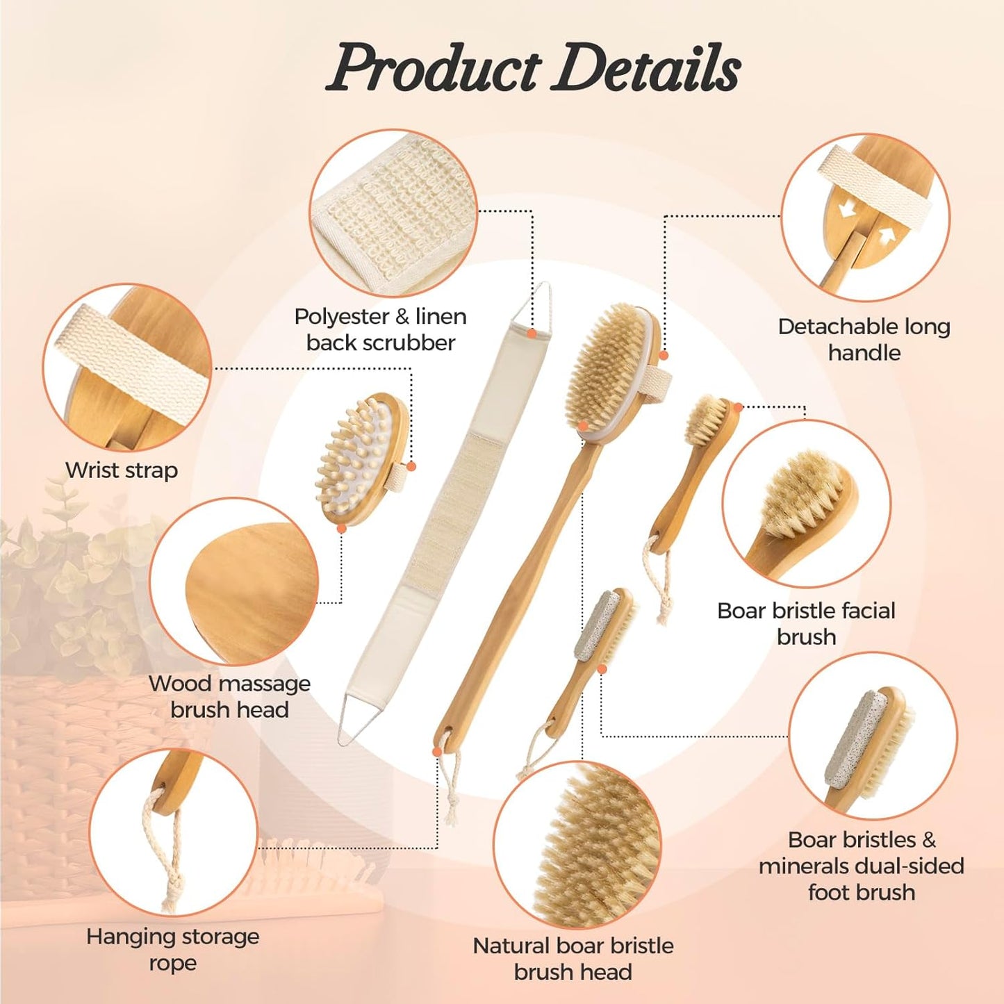 7 Packs Dry Brushing Body Brush Set for Lymphatic Drainage and Cellulite Massager, Long Handle Dry Brush for Body, Natural Boar Bristle Dry Body Brush Exfoliator