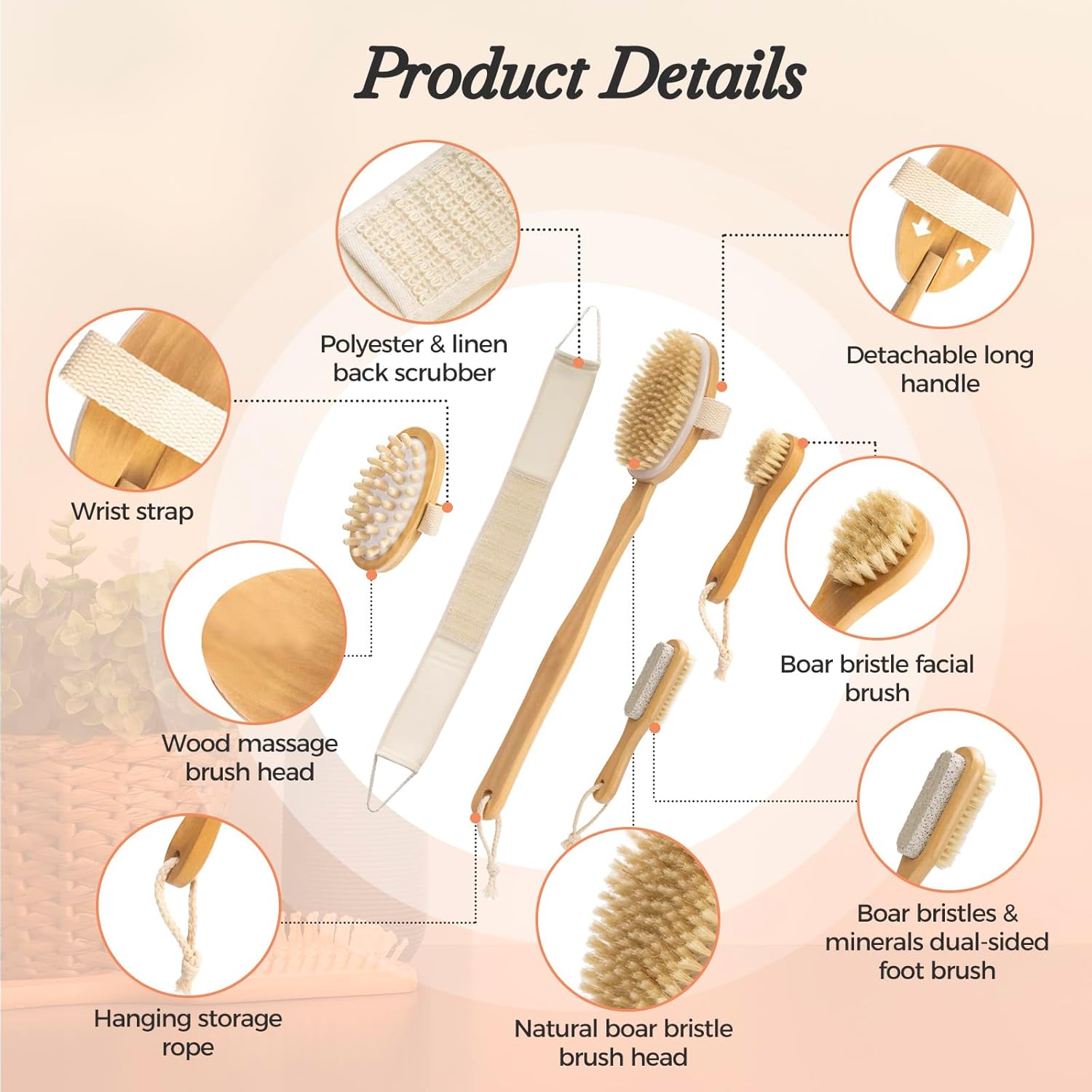 7 Packs Dry Brushing Body Brush Set for Lymphatic Drainage and Cellulite Massager, Long Handle Dry Brush for Body, Natural Boar Bristle Dry Body Brush Exfoliator