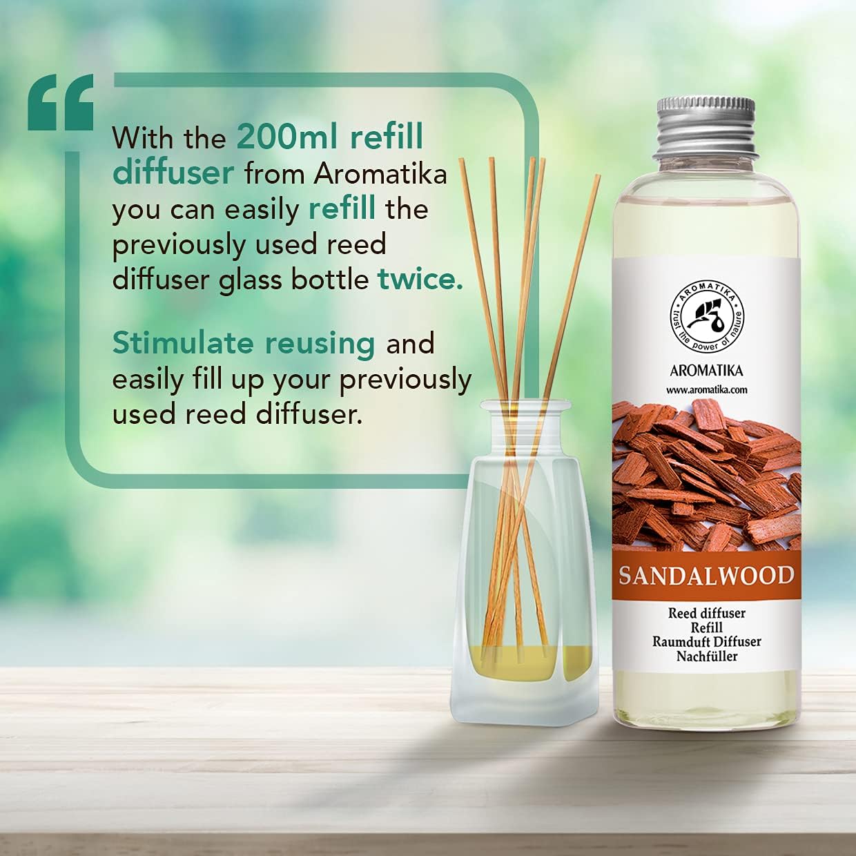 Reed Diffuser Refill Sandalwood 6.8 Fl Oz - 200ml - Room Diffuser Refill - Home Fragrance - Scented Diffuser - Fresh Fragrance - Aromatherapy - Air freshener - Fresh and Long Lasting Fragrance