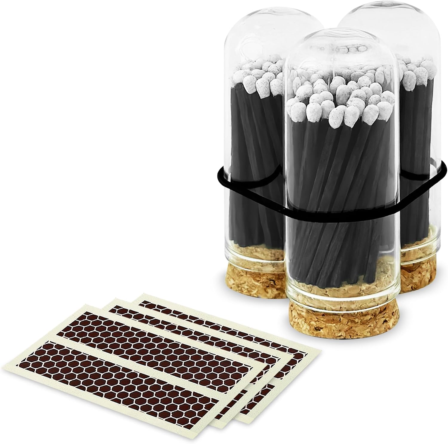 2" Tuxedo Matches with Mini 3 Cloche Jar + Striker Stickers Included | 100 Black Stick White Tip Decorative Matches with Small Holder | Gifts, Home Decor, & Candle Accessories by Thankful Greetings