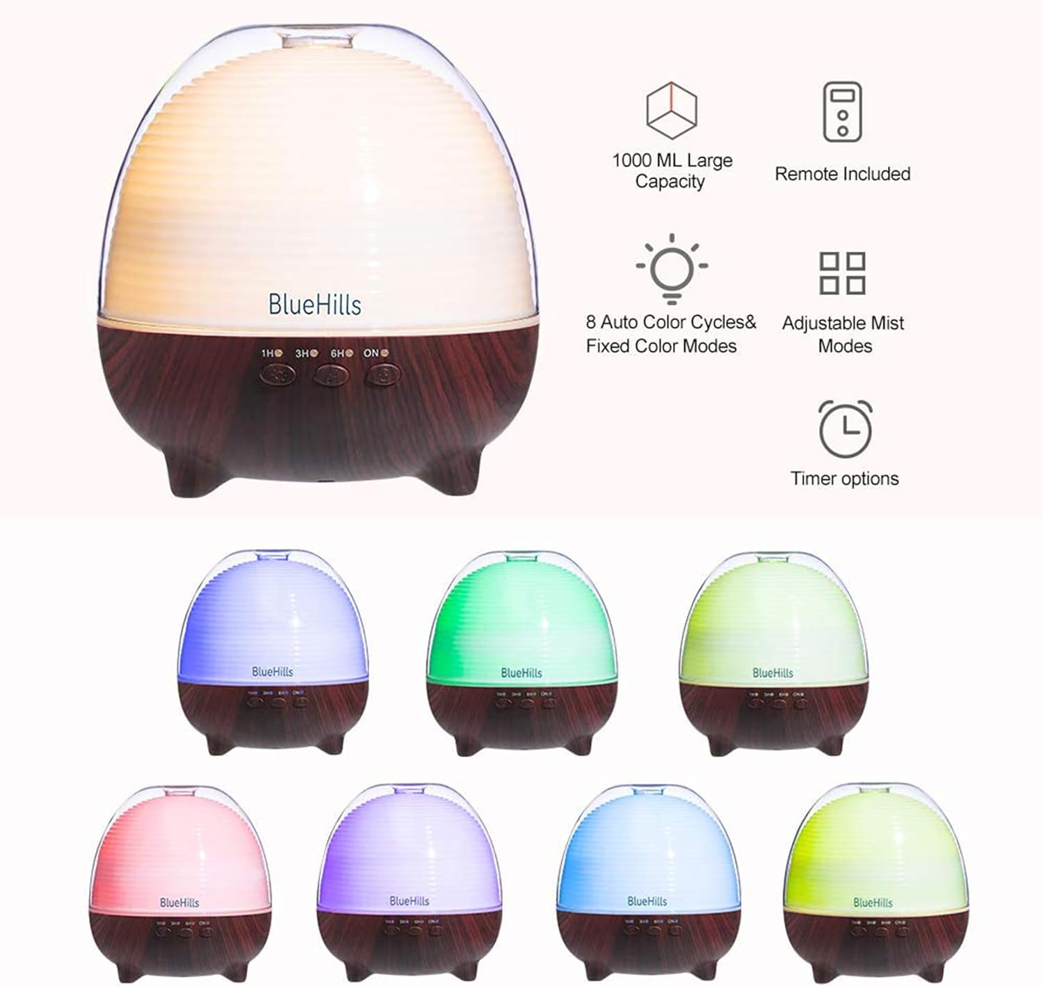 BlueHills Premium 1000 ML Large XL Essential Oil Diffuser with Remote Aroma Humidifier for Large Room Home Long Run Time Huge Coverage Area Lights High Mist Output Big Capacity Dark Wood Grain N6