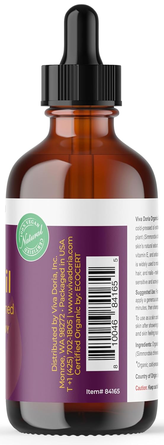 Viva Doria Jojoba Oil, USDA Certified Organic, 4 fl oz, Natural Jojoba Oil for Hair, Skin & Face, Cold Pressed Unrefined