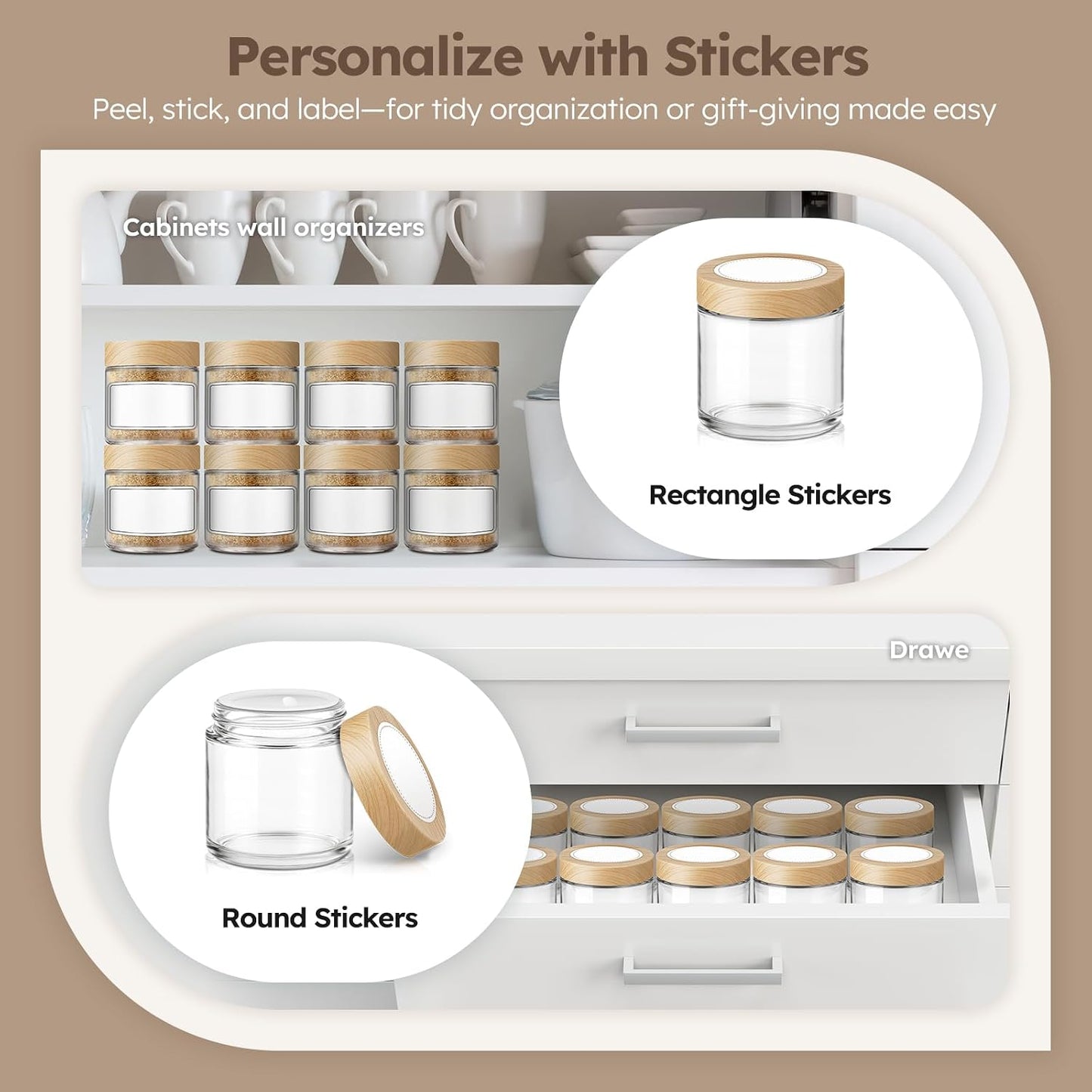 4 oz Glass Jar with Lids, 48 Pack Small Glass Candle Jars with Lids & Sticker, Empty Cosmetic Containers for Sample, Cream, Spice, Lotion, Ointments（Plastic Woodgrain）