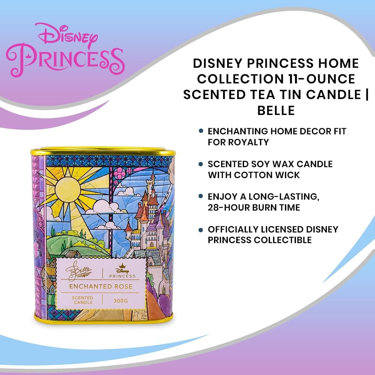 Disney Princess Home Collection Belle 11-Ounce Scented Tea Tin Candle with Enchanted Rose Fragrance | 28-Hour Burn Time | Home Decor Housewarming Essentials, Cute Gifts and Collectibles