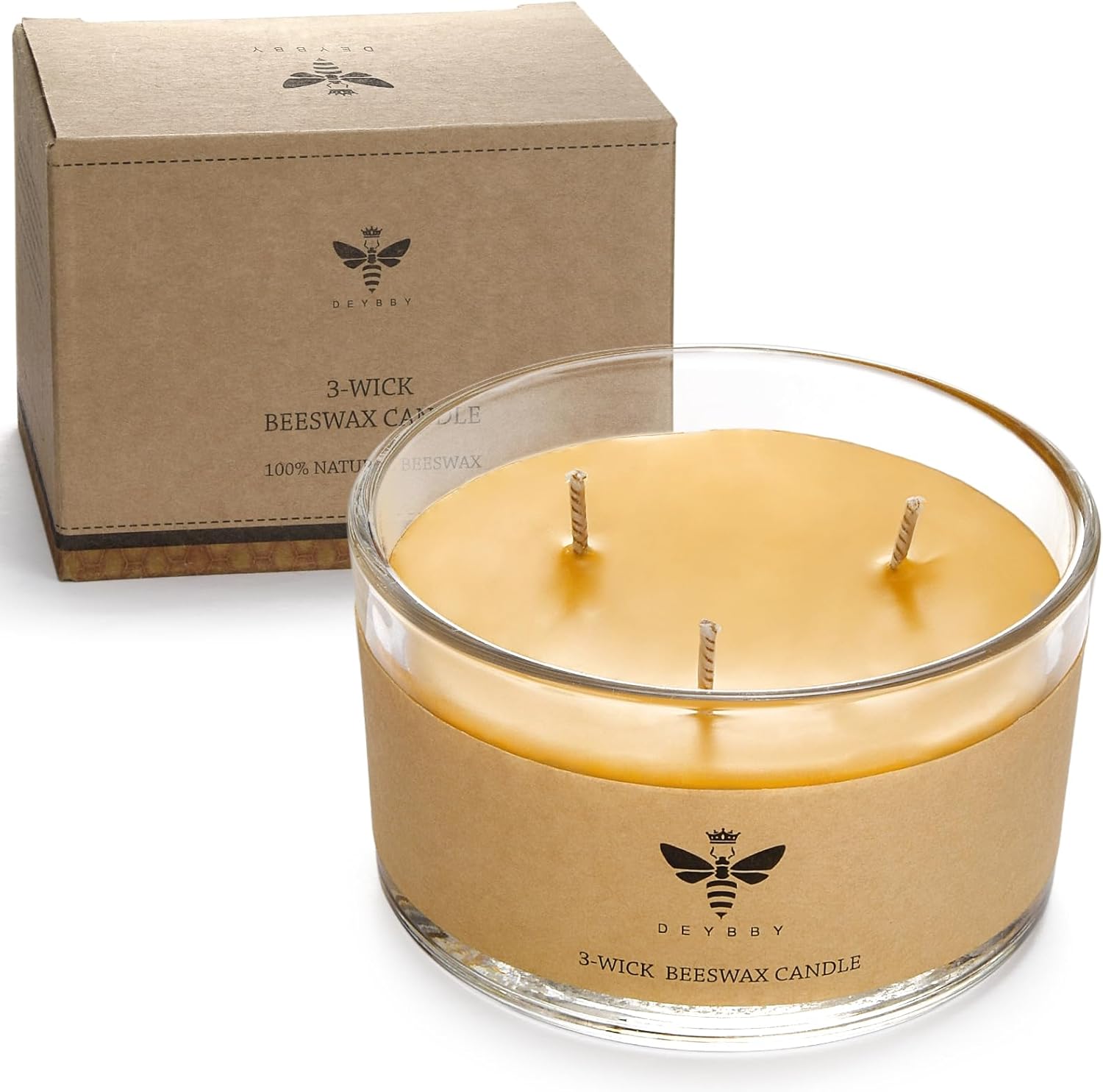 DEYBBY Beeswax Jar Candle - 3 Wick Beeswax Candle Gift - Handpour Candle with Natural Scent for Home Decor Bath Relaxation Houusewarming Gift