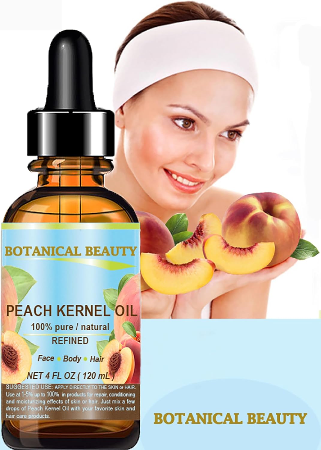 Botanical Beauty Peach Kernel Oil. 100% Pure Natural Undiluted Refined Cold Pressed Carrier Oil for Face, Skin, Hair, Massage, Lip, Nail Care. 4 Fl. oz-120 ml