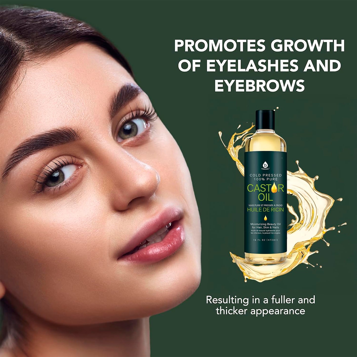 Pursonic Castor Oil (16oz) Cold-Pressed, 100% Pure, Hexane-Free Castor Oil-Moisturizing & Healing, For Dry Skin, Hair Growth - For Skin, Hair Care, Eyelashes