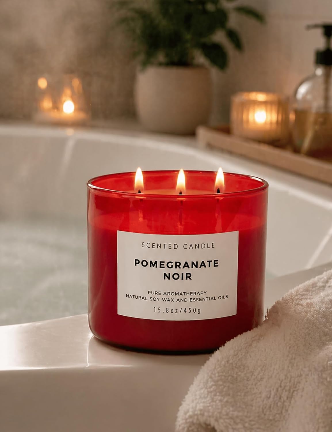Pomegranate Noir Scented Soy Candle - Large 3-Wick Aromatherapy Candle for Home, 15.8oz - Sweet Fruity Vanilla Stress Relief Candle - Luxury Gift for Women & Men